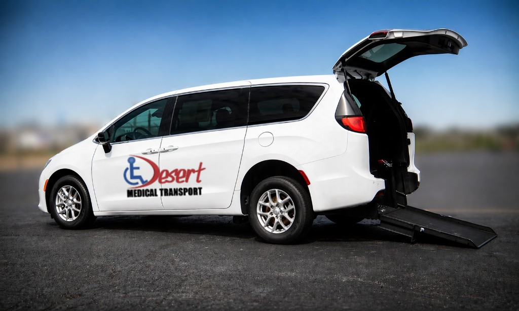 Side profile of Desert Medical Transport van with ramp deployed